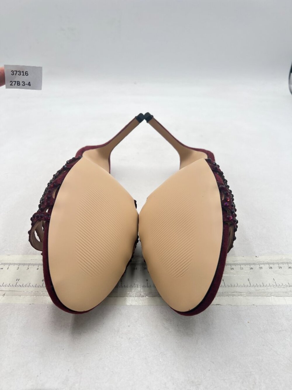 FSJ Burgundy Vegan Suede Rhinestone Open Toe Cutout High Heel Mules - Picture 7 of 8